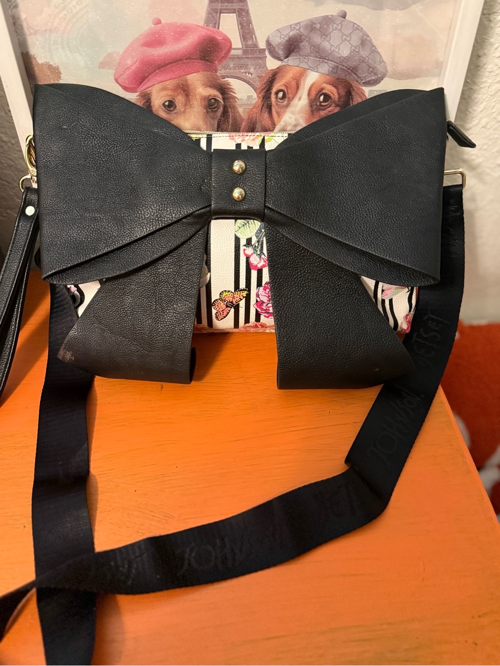 Betsey Johnson Vintage Black Bow Floral Stripe Crossbody